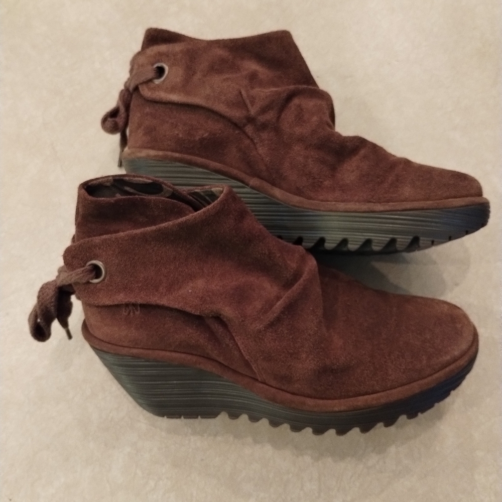 Fly London Yebi brown ruched suede platform tie back ankle boots